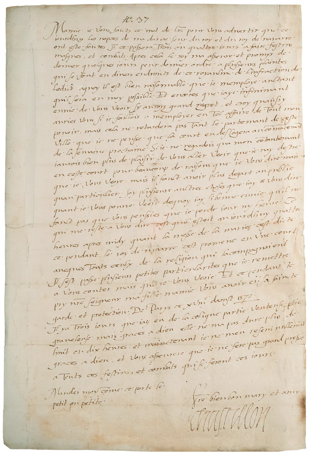 trésors du MIR : Lettre adressée à Jacqueline d'Entremont par Gaspard de Coligny